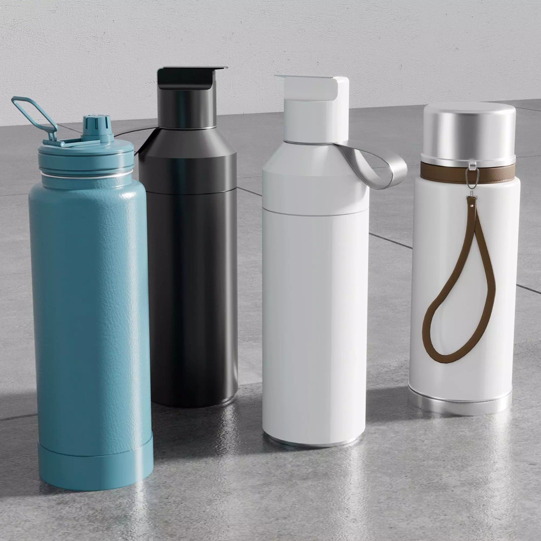Water Bottle 3D Model – Modern Thermos Flask Set, FBX, PBR - View 6