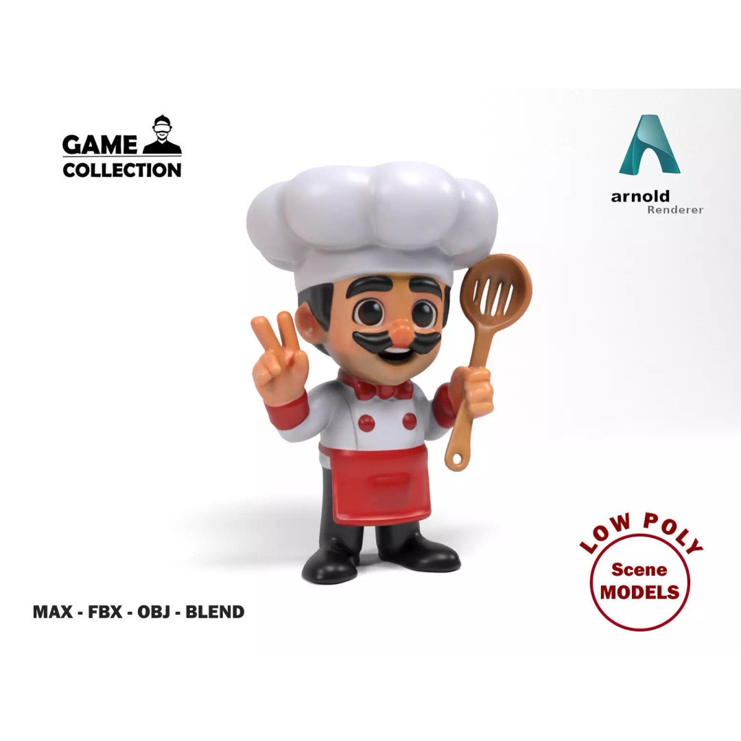 Chef 3D Model – Low Poly Cartoon Character, FBX, OBJ, Blender - View 2
