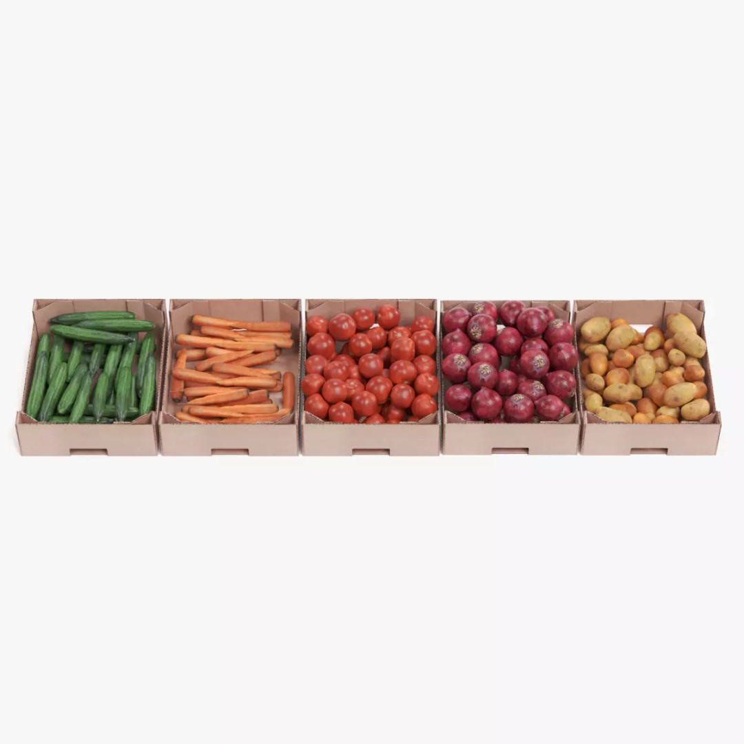 Vegetable 3D Model – Realistic Filled Cardboard Produce Crates - View 2