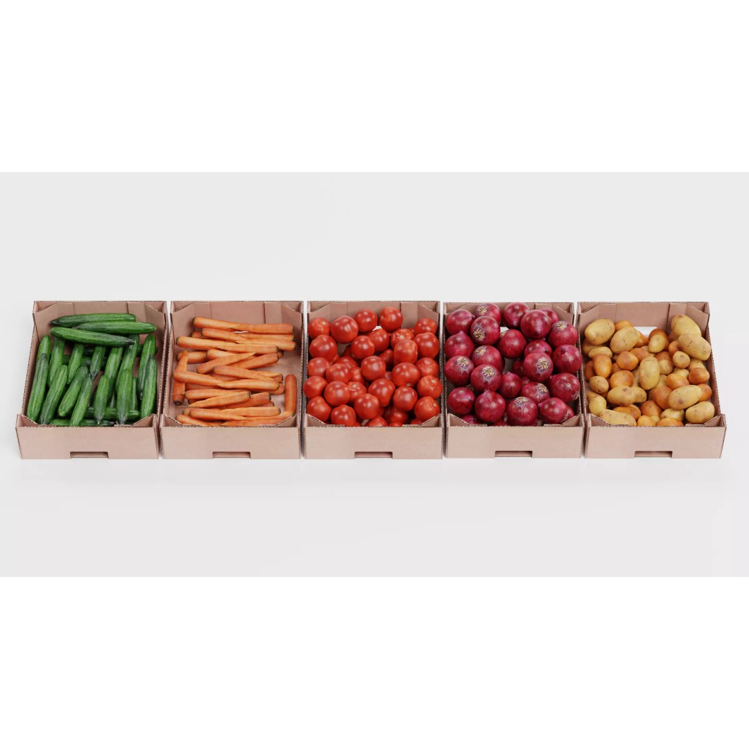 Vegetable 3D Model – Realistic Filled Cardboard Produce Crates - View 3