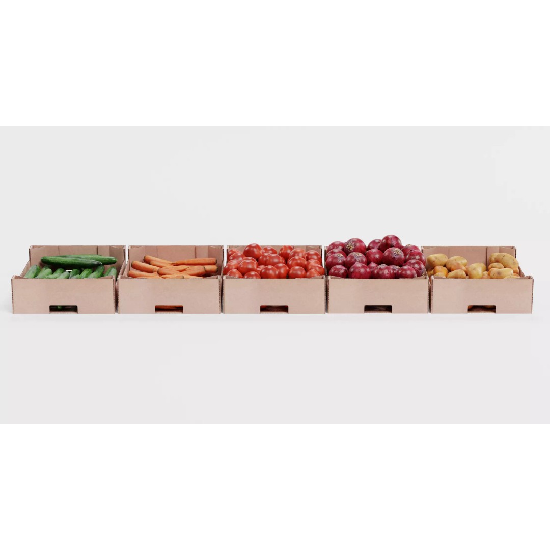 Vegetable 3D Model – Realistic Filled Cardboard Produce Crates - View 4