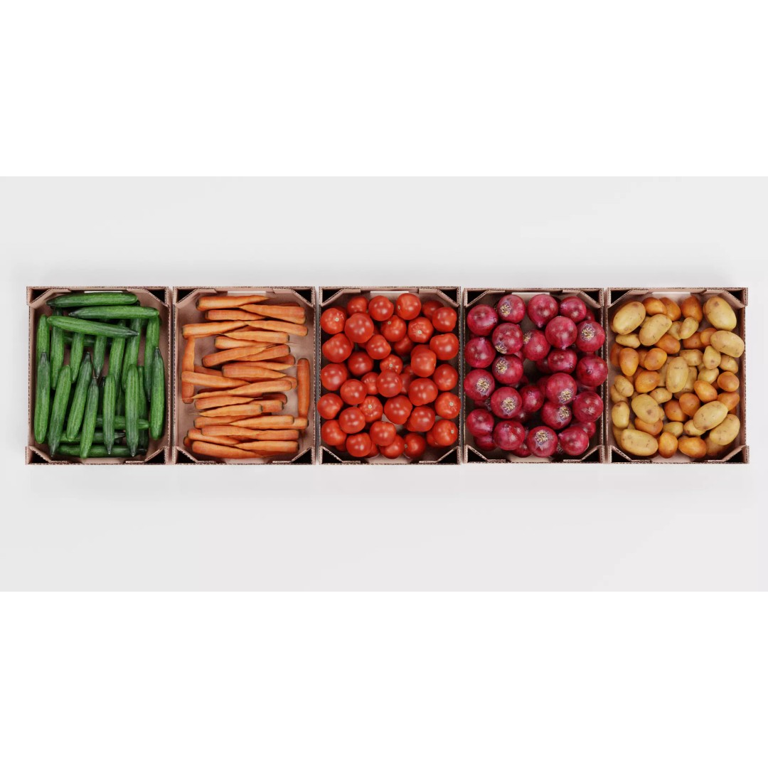 Vegetable 3D Model – Realistic Filled Cardboard Produce Crates - View 7