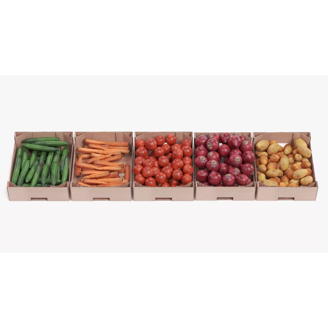 Vegetable 3D Model – Realistic Filled Cardboard Produce Crates - View 8