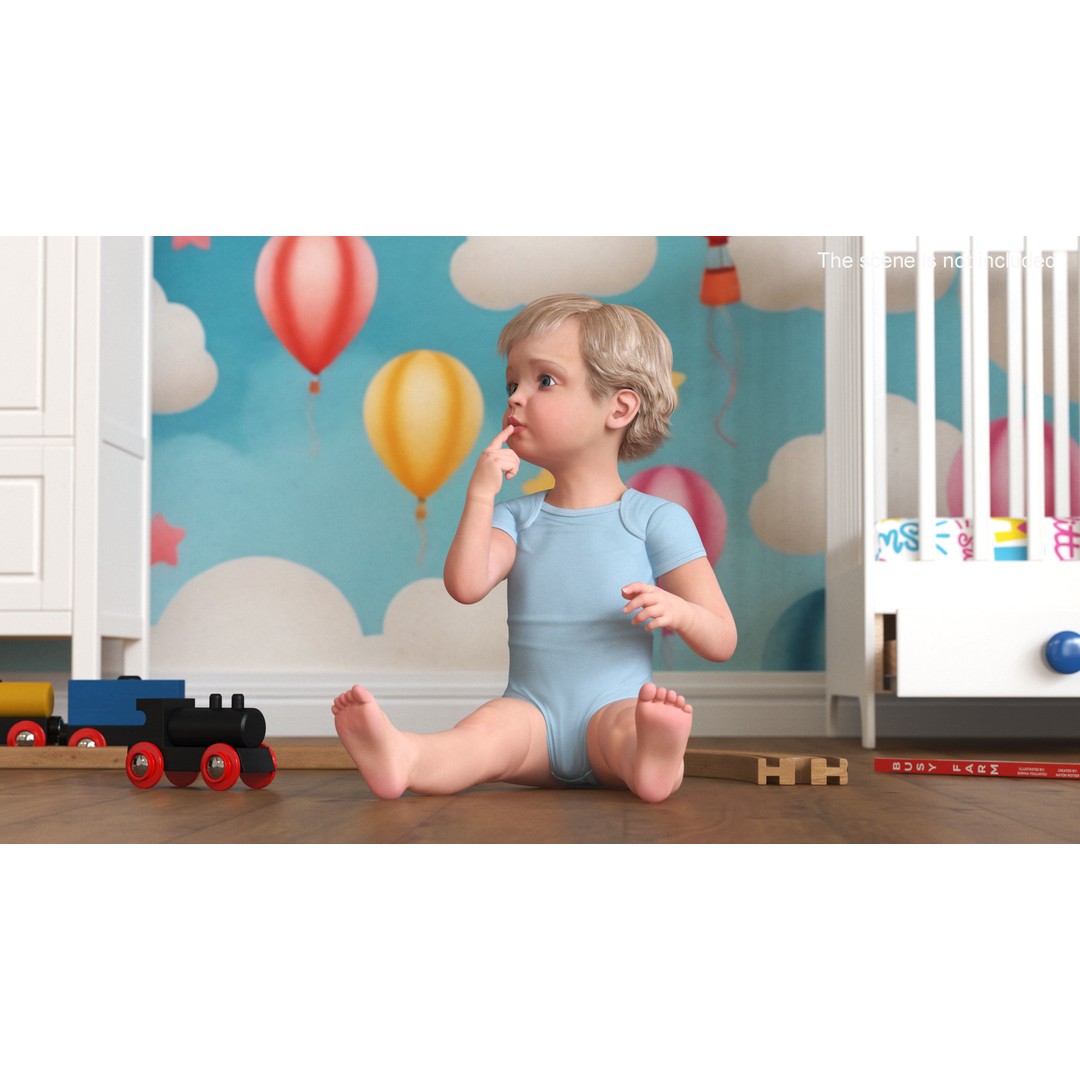 Toddler in Bodysuit Sitting Pose 3D Model – High Quality Child Character, PBR - View 2