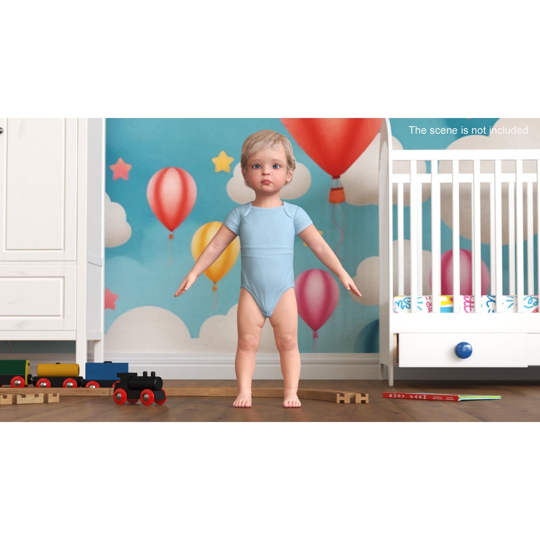Boy Aged 1 Year 3D Model – Realistic Character in Bodysuit, PBR - View 2