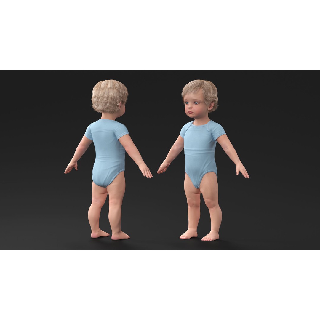 Boy Aged 1 Year 3D Model – Realistic Character in Bodysuit, PBR - View 5