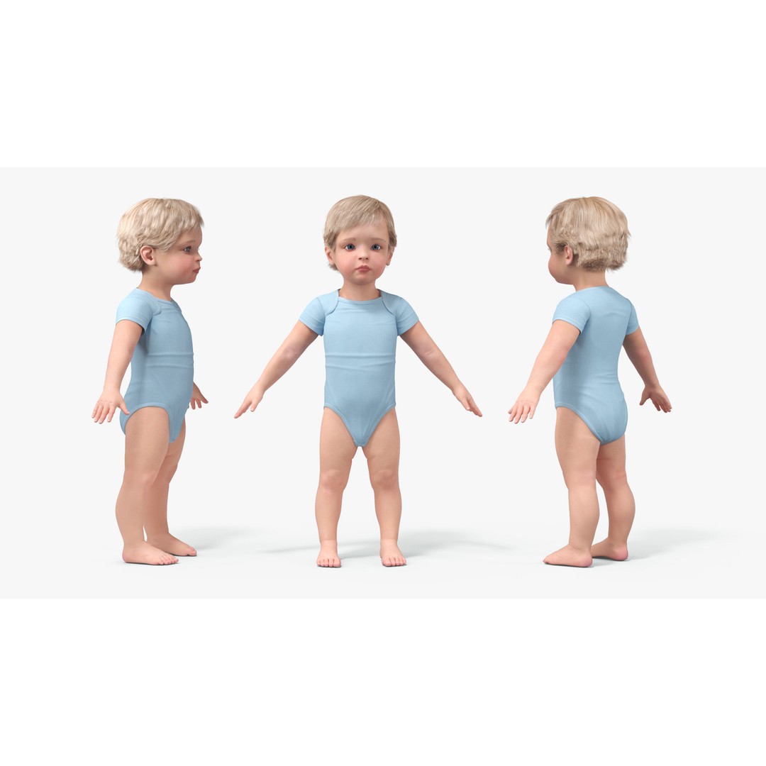 Boy Aged 1 Year 3D Model – Realistic Character in Bodysuit, PBR - View 7