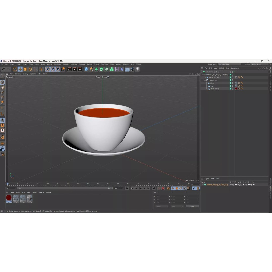 Brewed Tea Bag in Glass Mug 3D Model – High-Quality PBR Beverage Asset, FBX