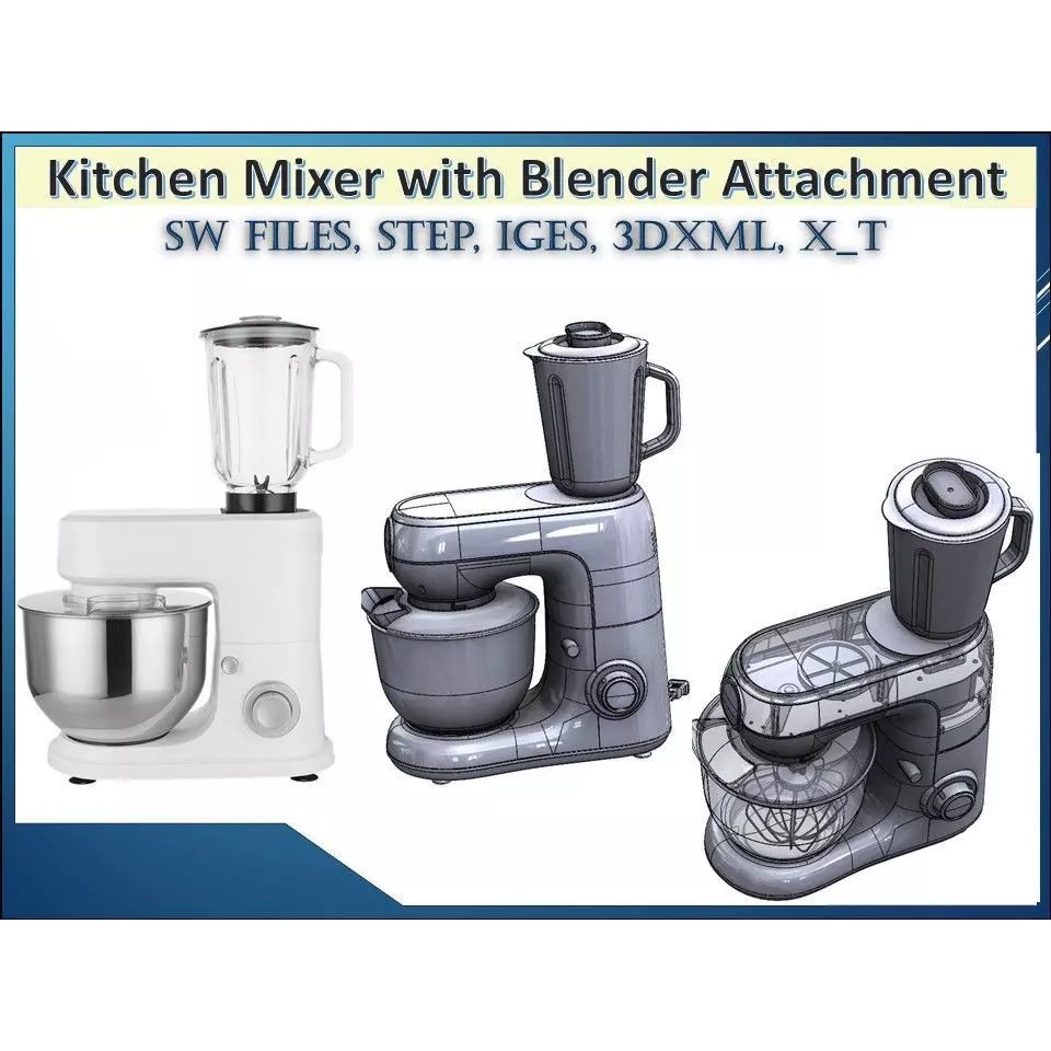 Kitchen Mixer 3D Model – Detailed CAD Appliance with Blender Attachment - View 2