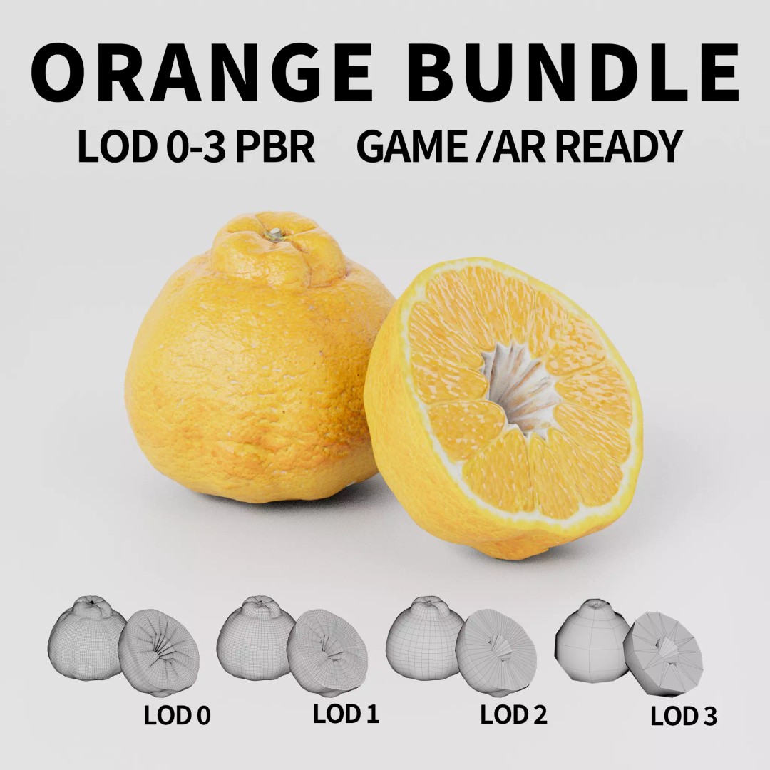 Orange 3D Model Bundle – Low Poly Game Asset, FBX & PBR Textures - View 2