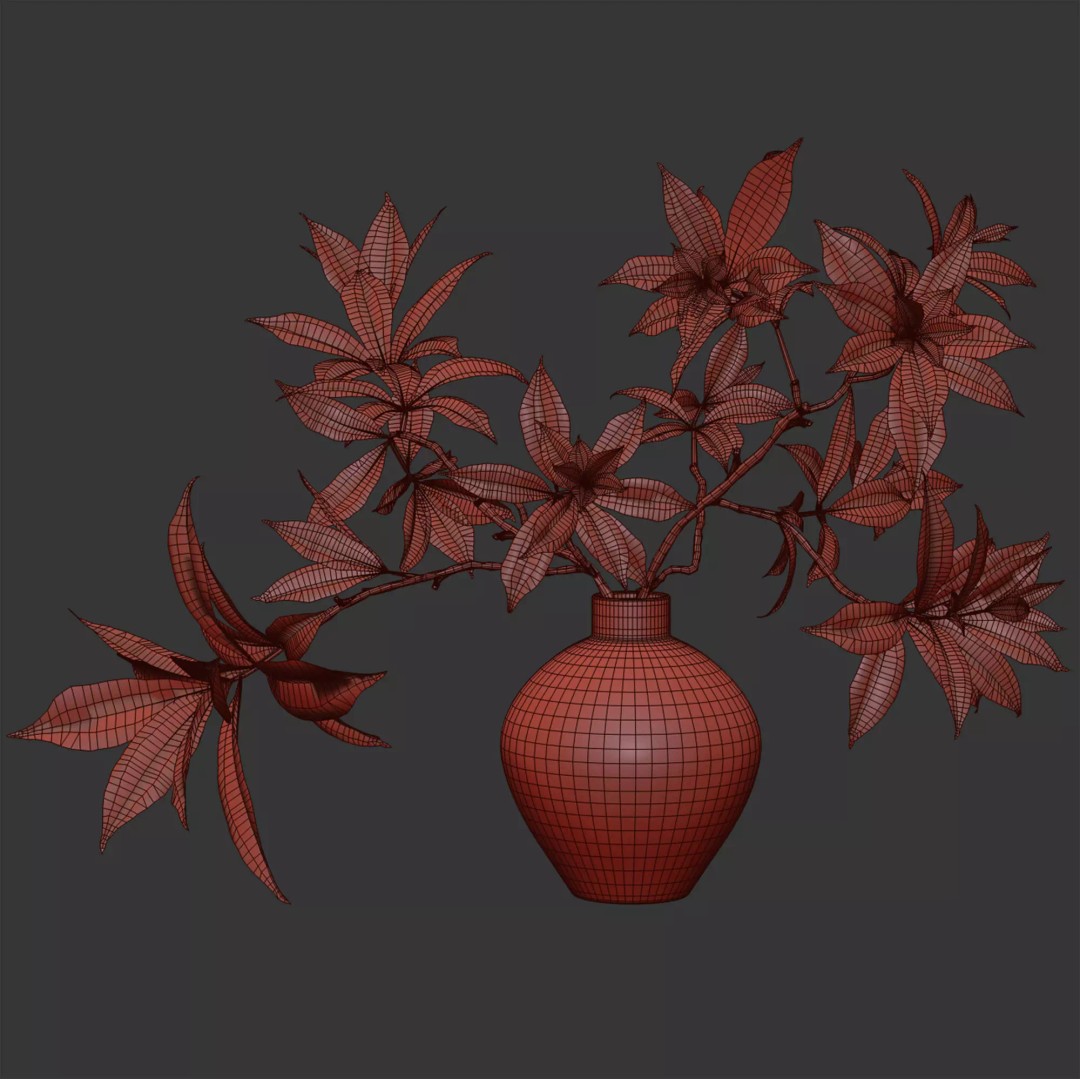 Green Branch 3D Model – Minimalist Decorative Arrangement, OBJ