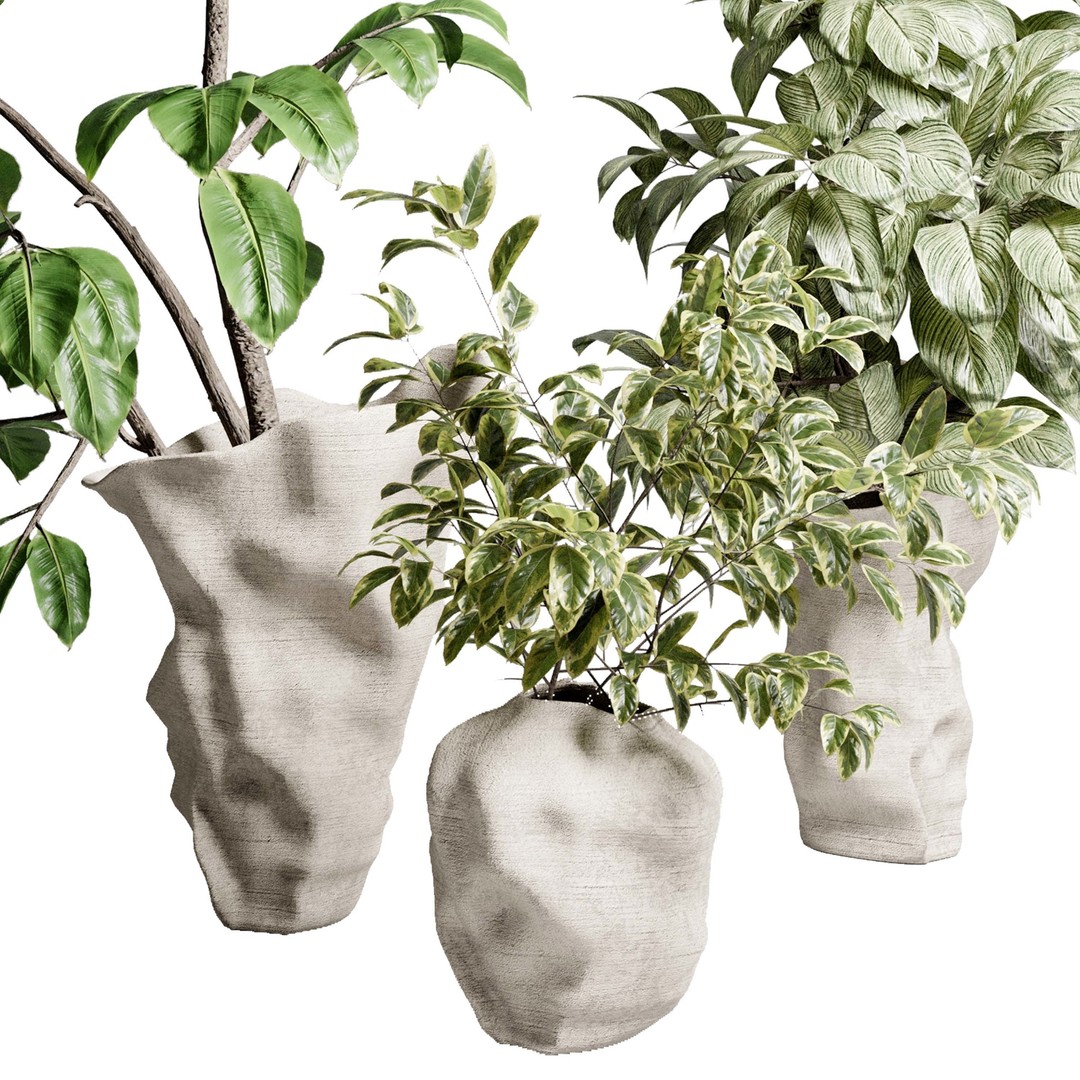 Branches Plant 3D Model – Brown Concrete Vase, PBR Textured - View 3