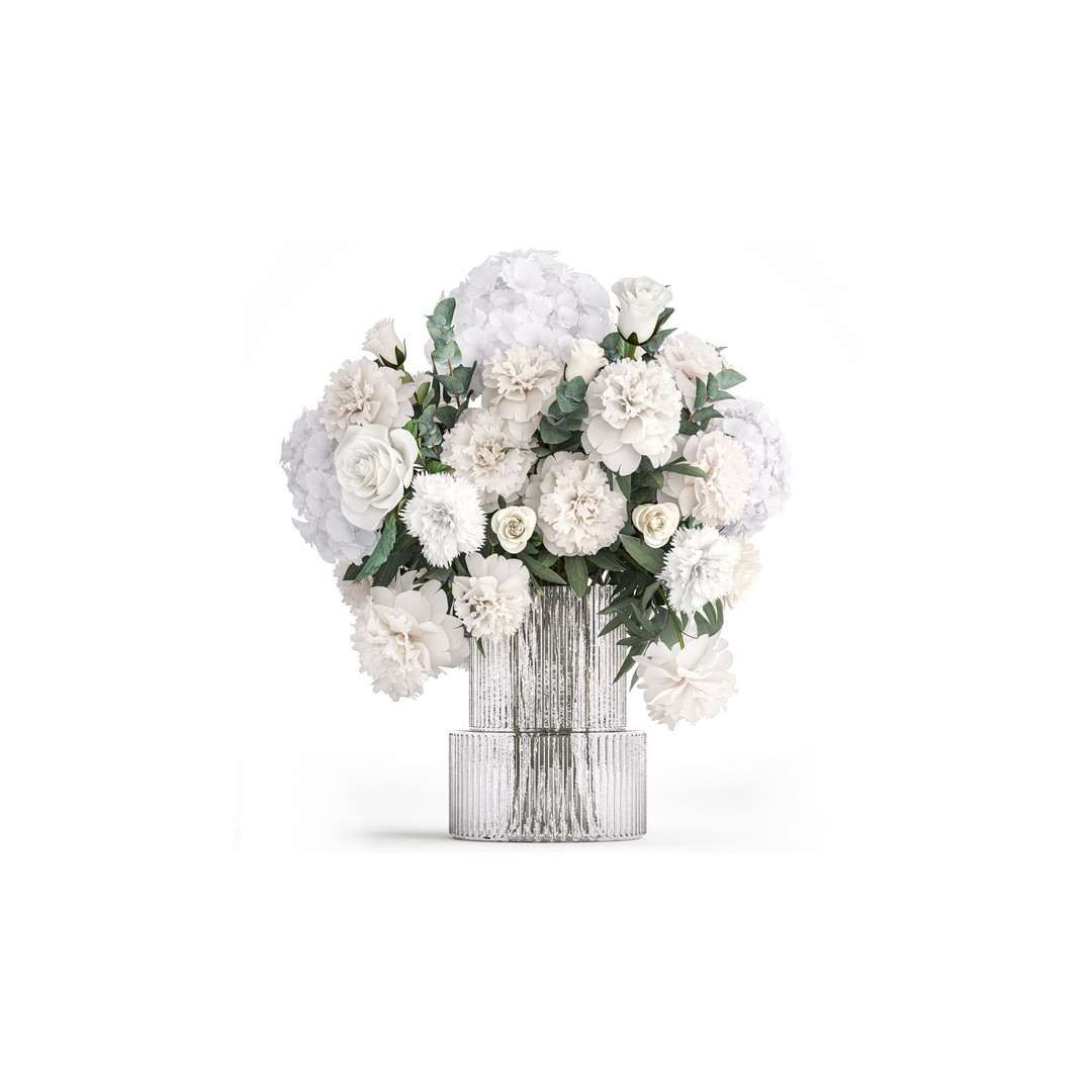 Bouquet of White Flowers 3D Model – Modern Vase Decor, FBX - View 3