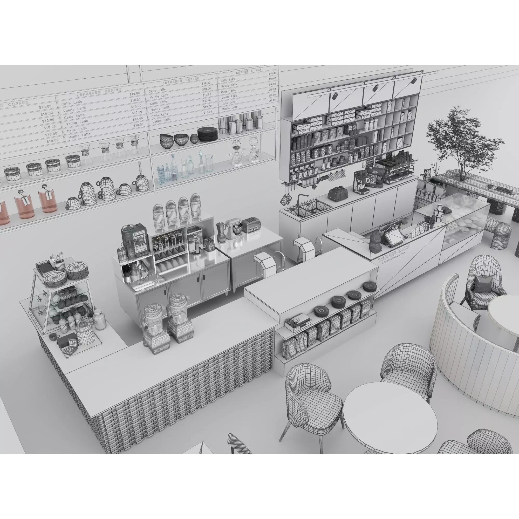 Modern Coffee Shop Interior - Low-Poly Game-Ready 3D Model
