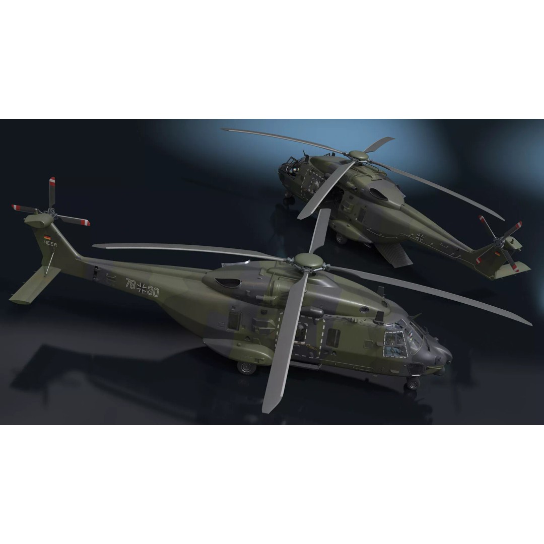 NH90 Military Transport Helicopter 3D Model – Green Camo with Interior, PBR - View 12