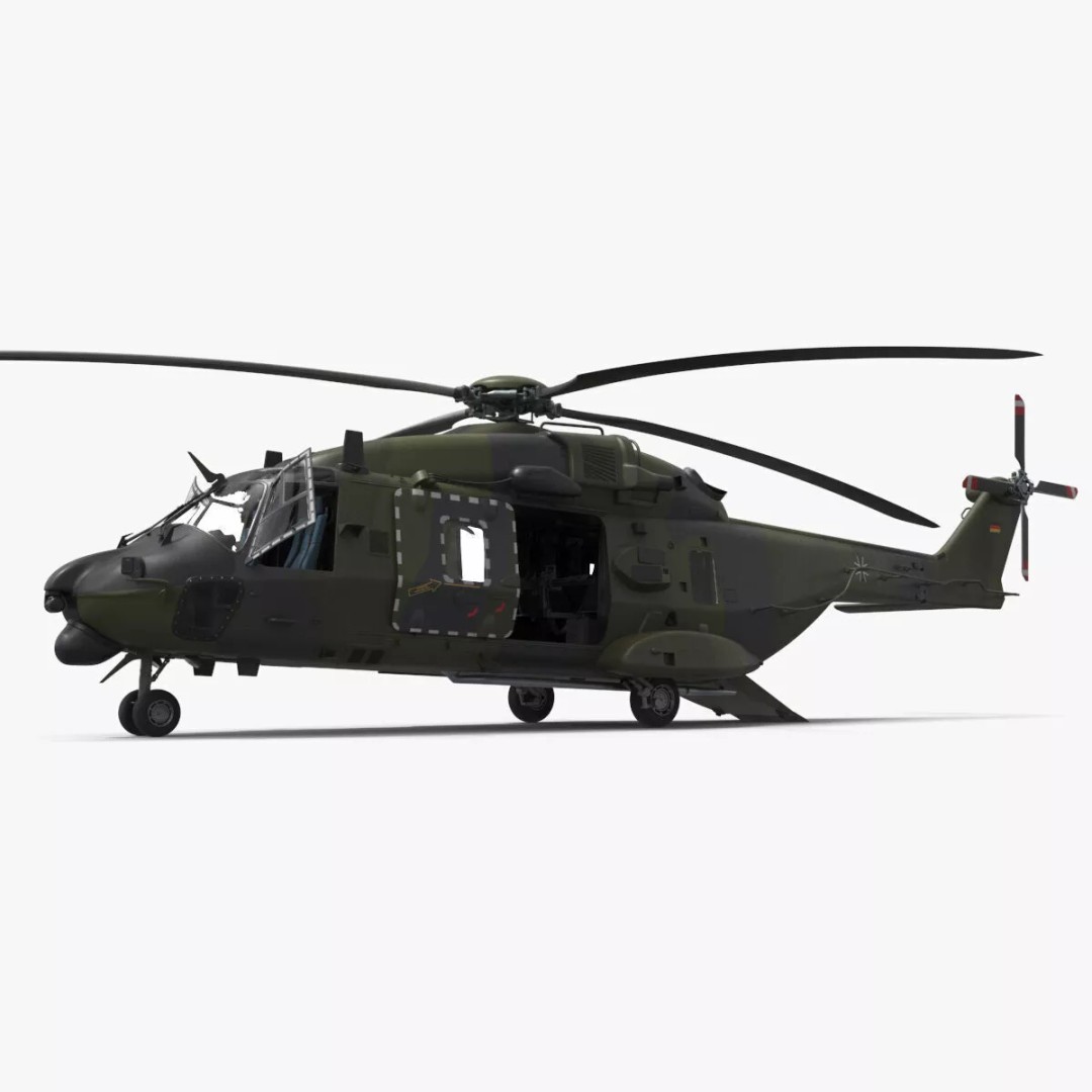 NH90 Military Transport Helicopter 3D Model – Green Camo with Interior, PBR - View 2