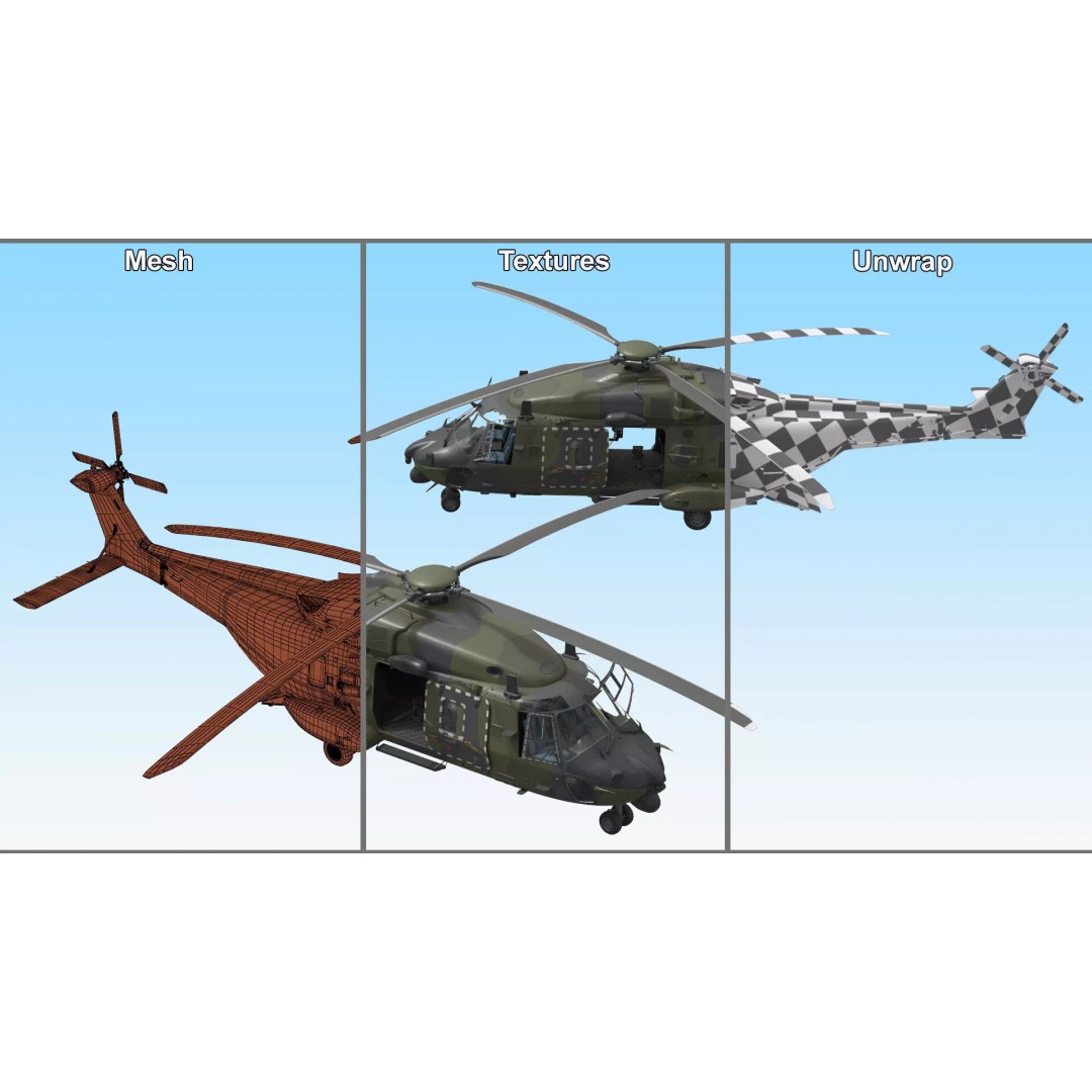 NH90 Military Transport Helicopter 3D Model – Green Camo with Interior, PBR - View 22