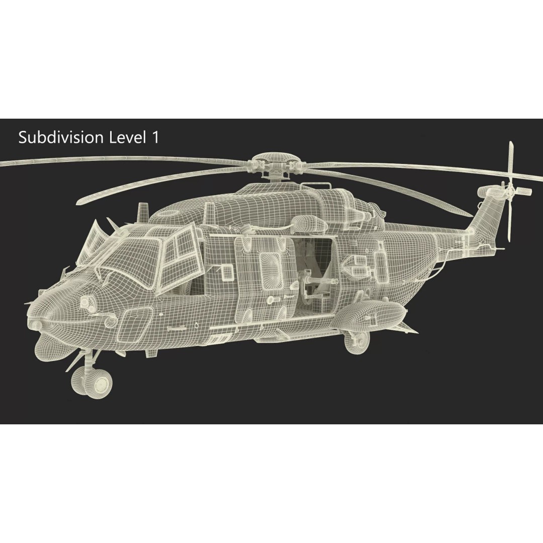 NH90 Military Transport Helicopter 3D Model – Green Camo with Interior, PBR - View 24