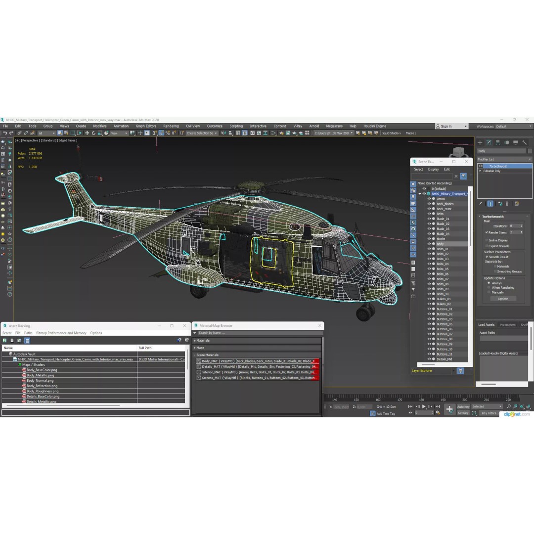 NH90 Military Transport Helicopter 3D Model – Green Camo with Interior, PBR - View 27
