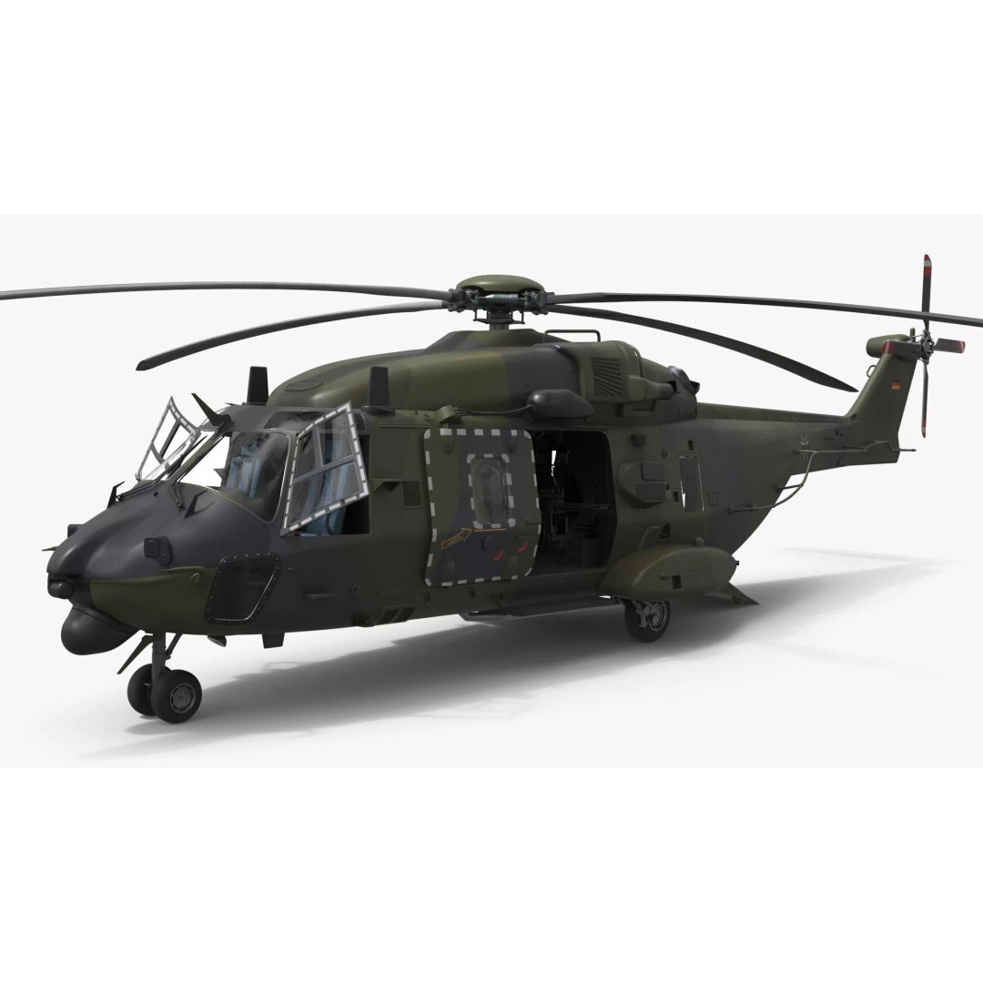 NH90 Military Transport Helicopter 3D Model – Green Camo with Interior, PBR - View 3
