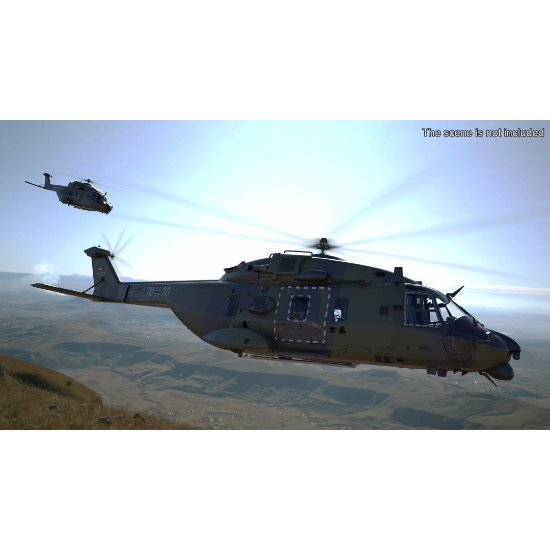 NH90 Military Transport Helicopter 3D Model – Green Camo with Interior, PBR - View 5