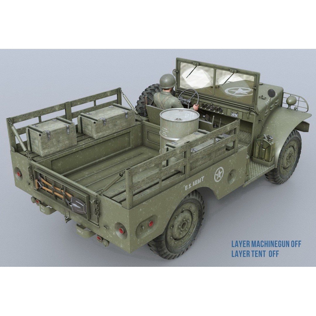 Dodge WC-51 3D Model – WW2 Military Pick-Up Truck, FBX, PBR - View 4
