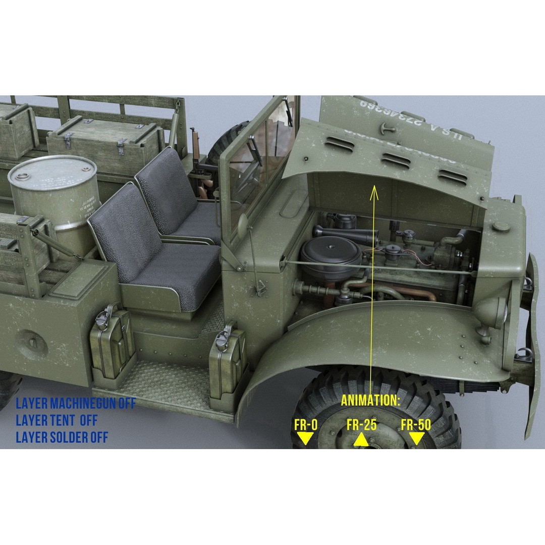 Dodge WC-51 3D Model – WW2 Military Pick-Up Truck, FBX, PBR - View 6