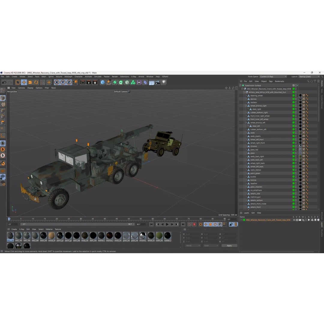 M62 Wrecker Recovery Crane 3D Model – Military Vehicle with Towed Jeep M38