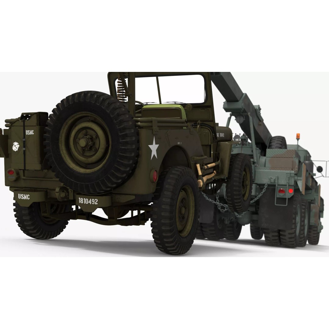 M62 Wrecker Recovery Crane 3D Model – Military Vehicle with Towed Jeep M38 - View 14