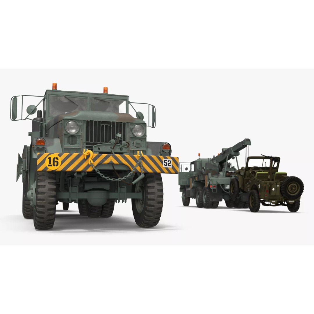M62 Wrecker Recovery Crane 3D Model – Military Vehicle with Towed Jeep M38 - View 2
