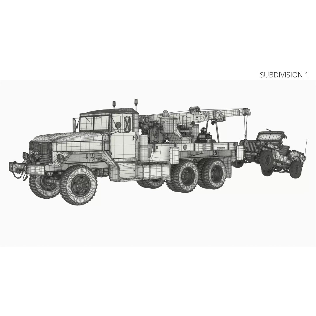 M62 Wrecker Recovery Crane 3D Model – Military Vehicle with Towed Jeep M38 - View 23