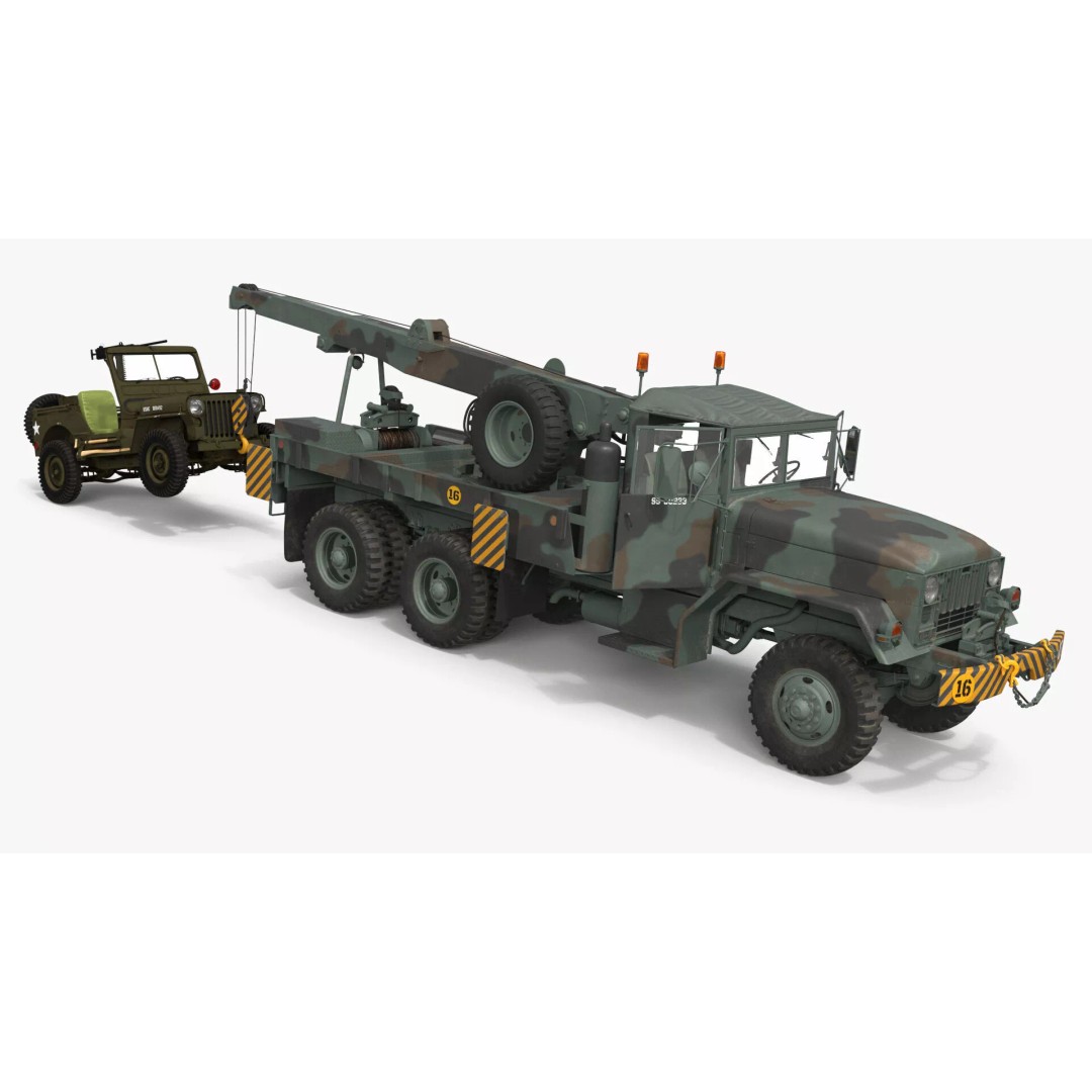 M62 Wrecker Recovery Crane 3D Model – Military Vehicle with Towed Jeep M38 - View 7