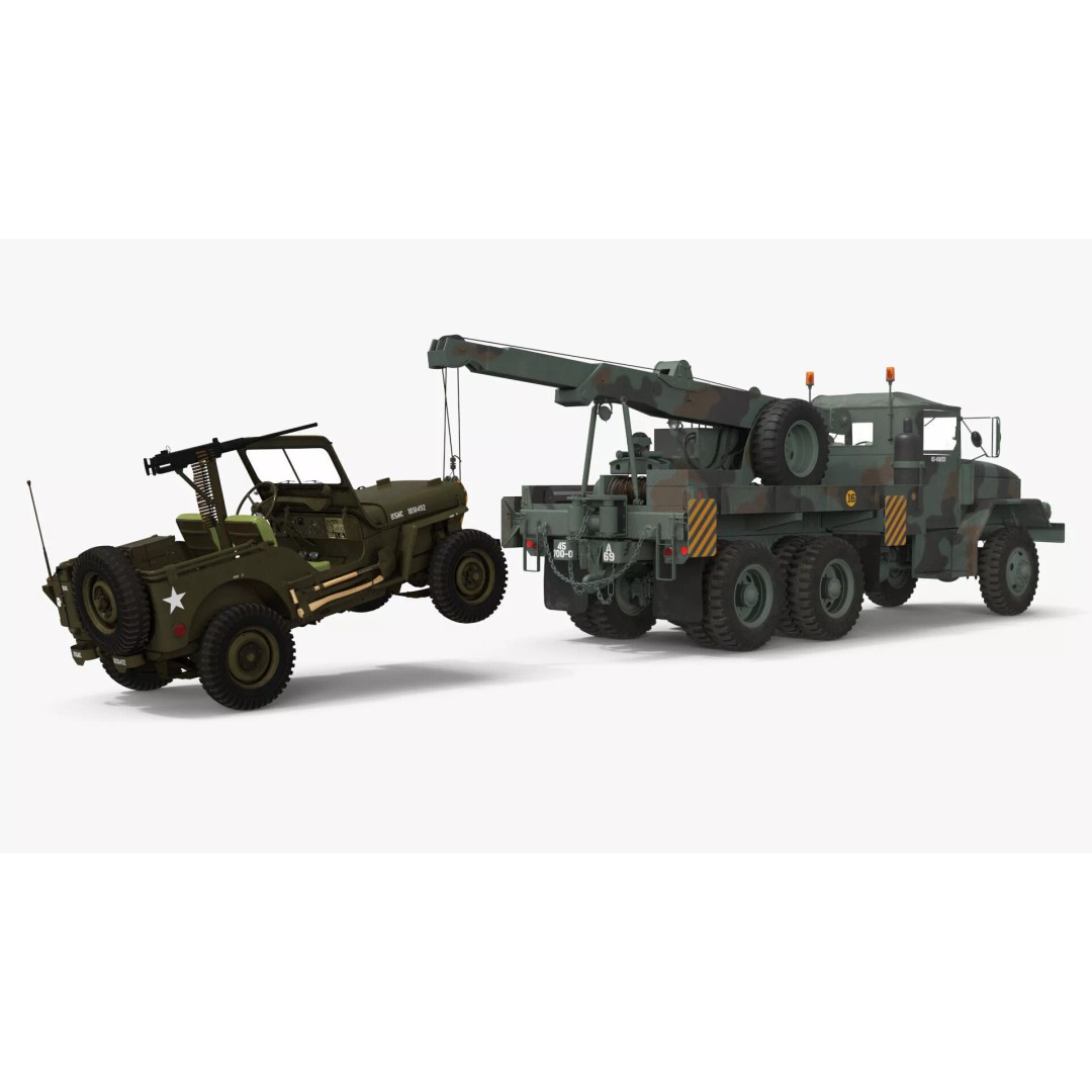 M62 Wrecker Recovery Crane 3D Model – Military Vehicle with Towed Jeep M38 - View 8