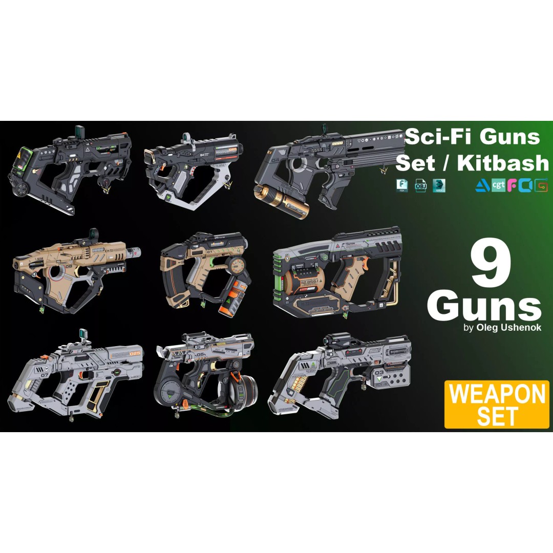 Sci-Fi Guns Set 3D Model – Futuristic Weapons Kitbash, FBX, OBJ - View 2