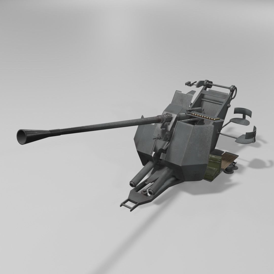 37 mm Flak 37 Anti Aircraft Gun 3D Model – Low Poly Game Asset, FBX - View 3