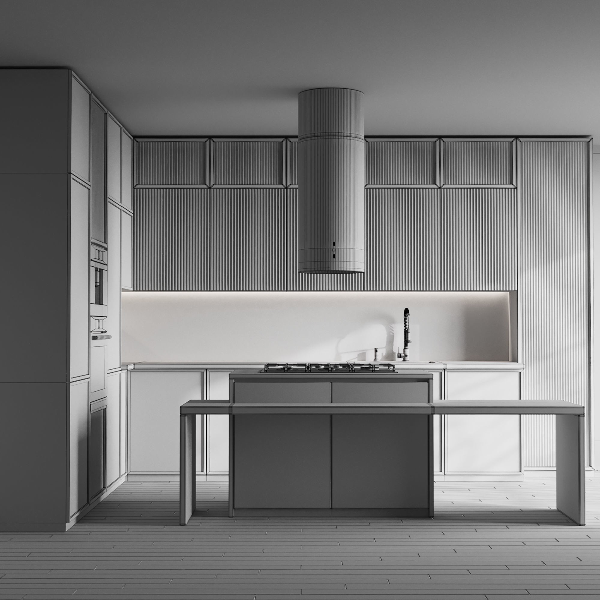 Modern L Shape Kitchen with Island - Game-Ready 3D Model