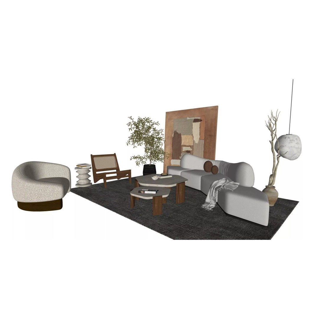 Wabi-Sabi Villa Living Room 3D Model – Modern Interior Scene, FBX, Blender