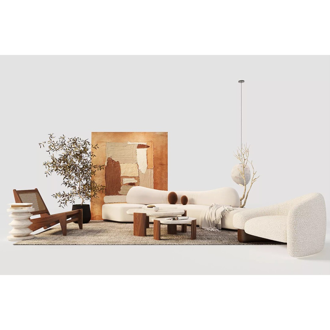 Wabi-Sabi Villa Living Room 3D Model – Modern Interior Scene, FBX, Blender - View 2