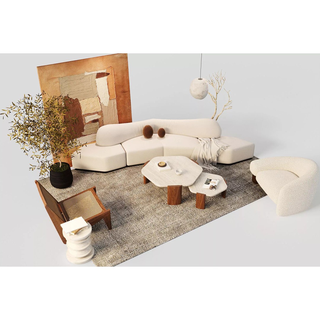 Wabi-Sabi Villa Living Room 3D Model – Modern Interior Scene, FBX, Blender - View 3