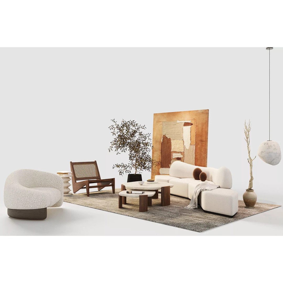 Wabi-Sabi Villa Living Room 3D Model – Modern Interior Scene, FBX, Blender - View 4