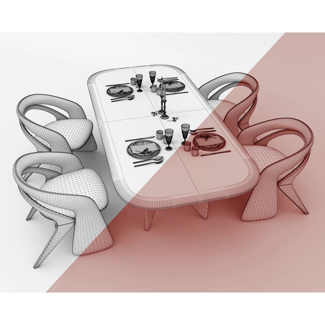 Contemporary Dining Table 3D Model – Elegant Upholstered Chairs, FBX - View 10