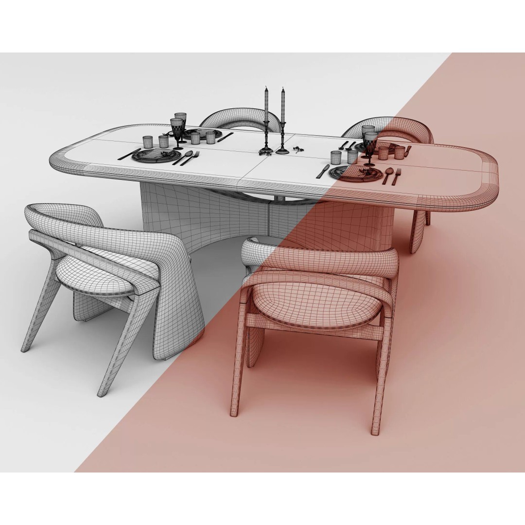 Contemporary Dining Table 3D Model – Elegant Upholstered Chairs, FBX - View 11