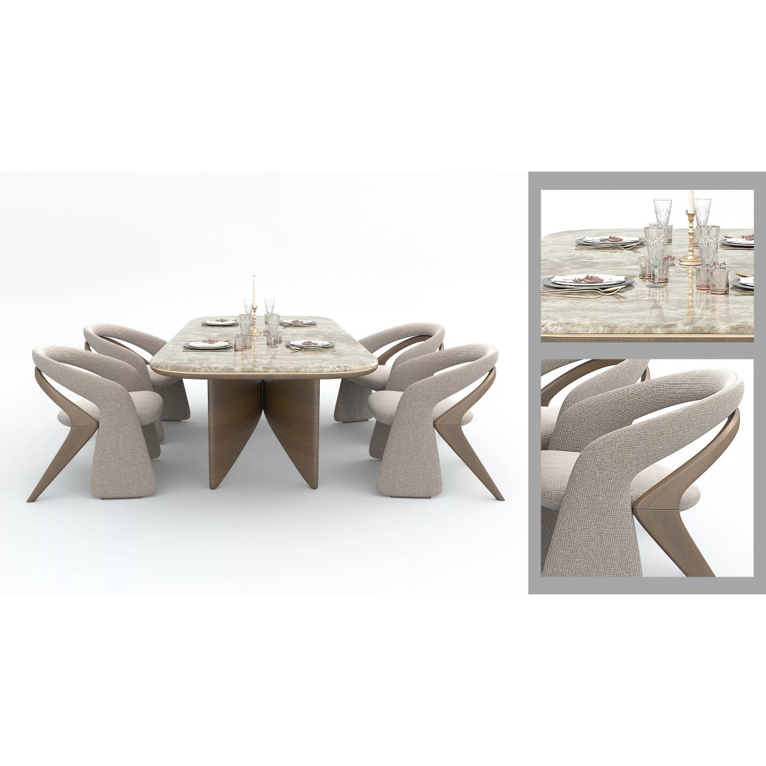 Contemporary Dining Table 3D Model – Elegant Upholstered Chairs, FBX - View 3