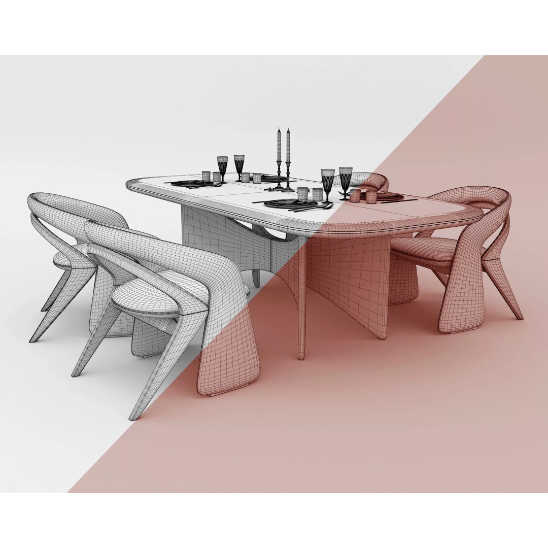 Contemporary Dining Table 3D Model – Elegant Upholstered Chairs, FBX - View 9