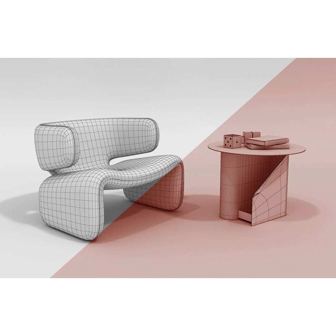 Modern Curved Lounge Chair 3D Model – Elegant Velvet Upholstery, FBX - View 10