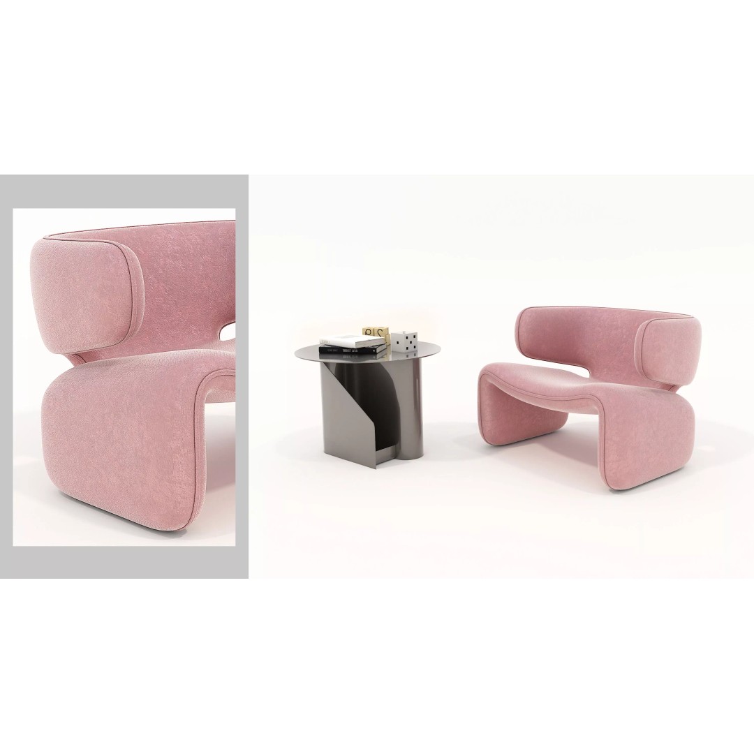 Modern Curved Lounge Chair 3D Model – Elegant Velvet Upholstery, FBX - View 2