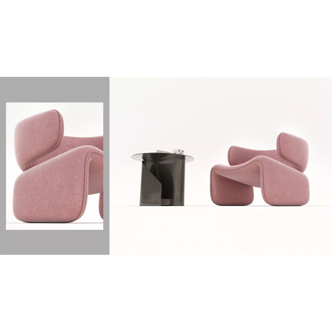 Modern Curved Lounge Chair 3D Model – Elegant Velvet Upholstery, FBX - View 6