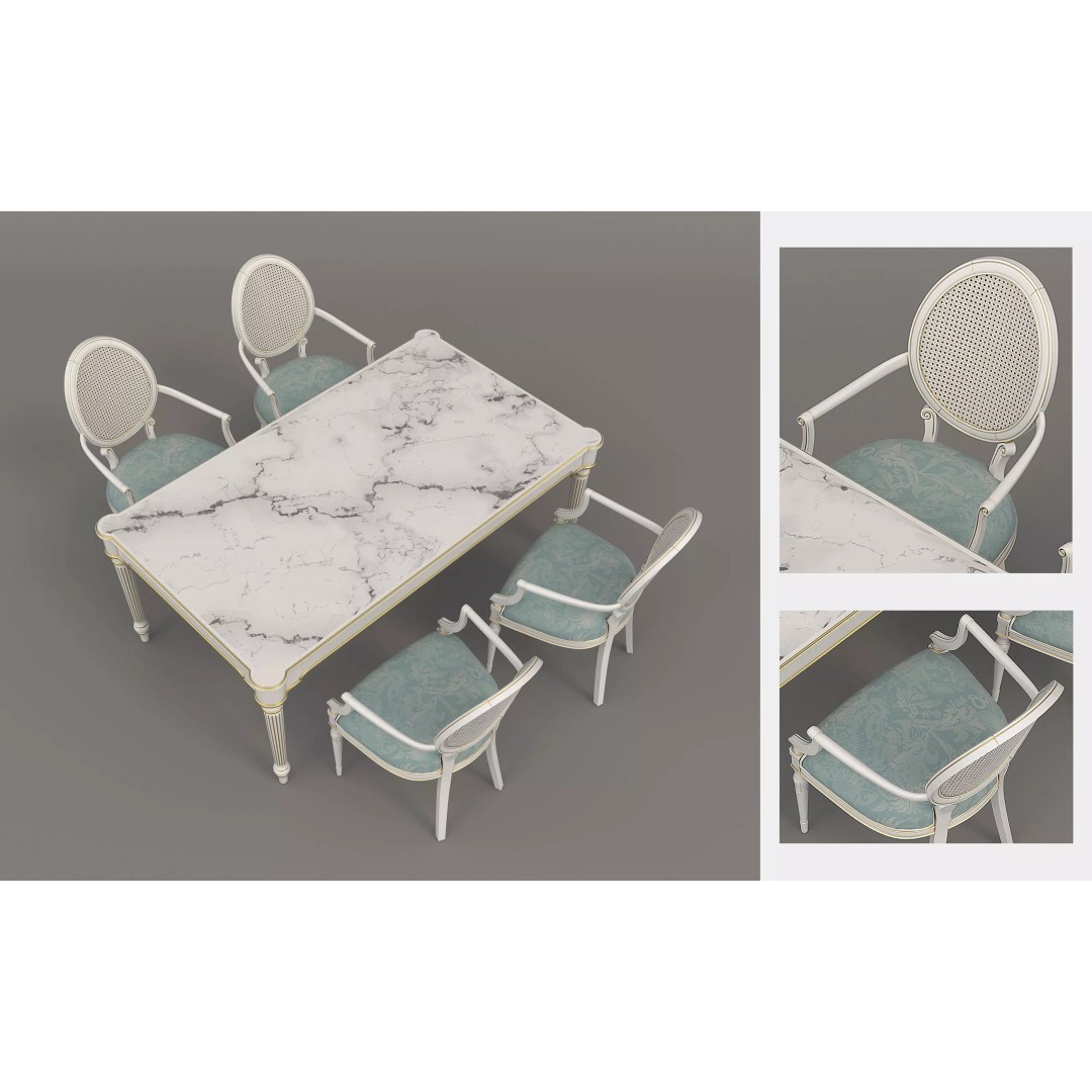 French Neoclassical Marble Dining Table 3D Model – Elegant Furniture Set, FBX - View 3