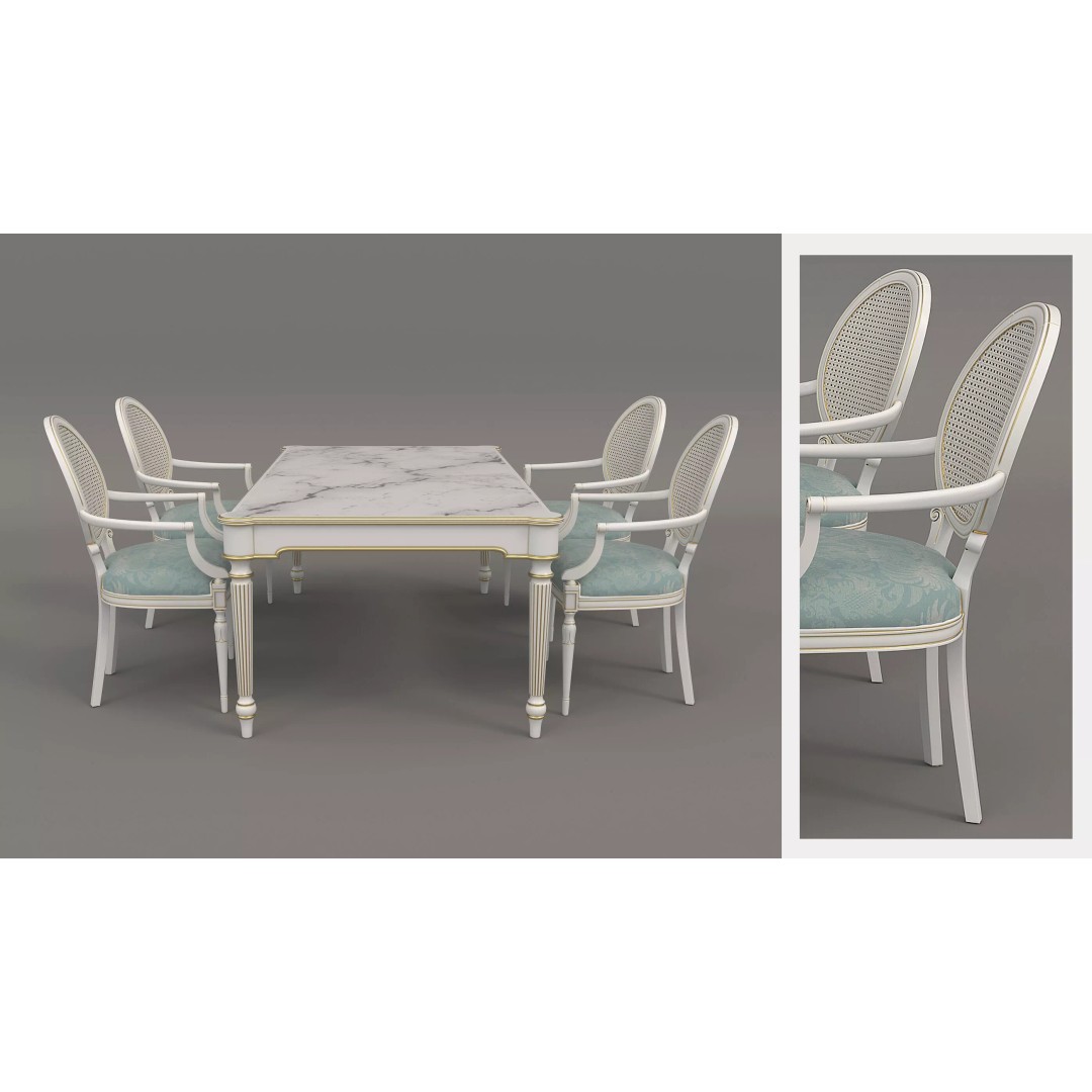 French Neoclassical Marble Dining Table 3D Model – Elegant Furniture Set, FBX - View 4