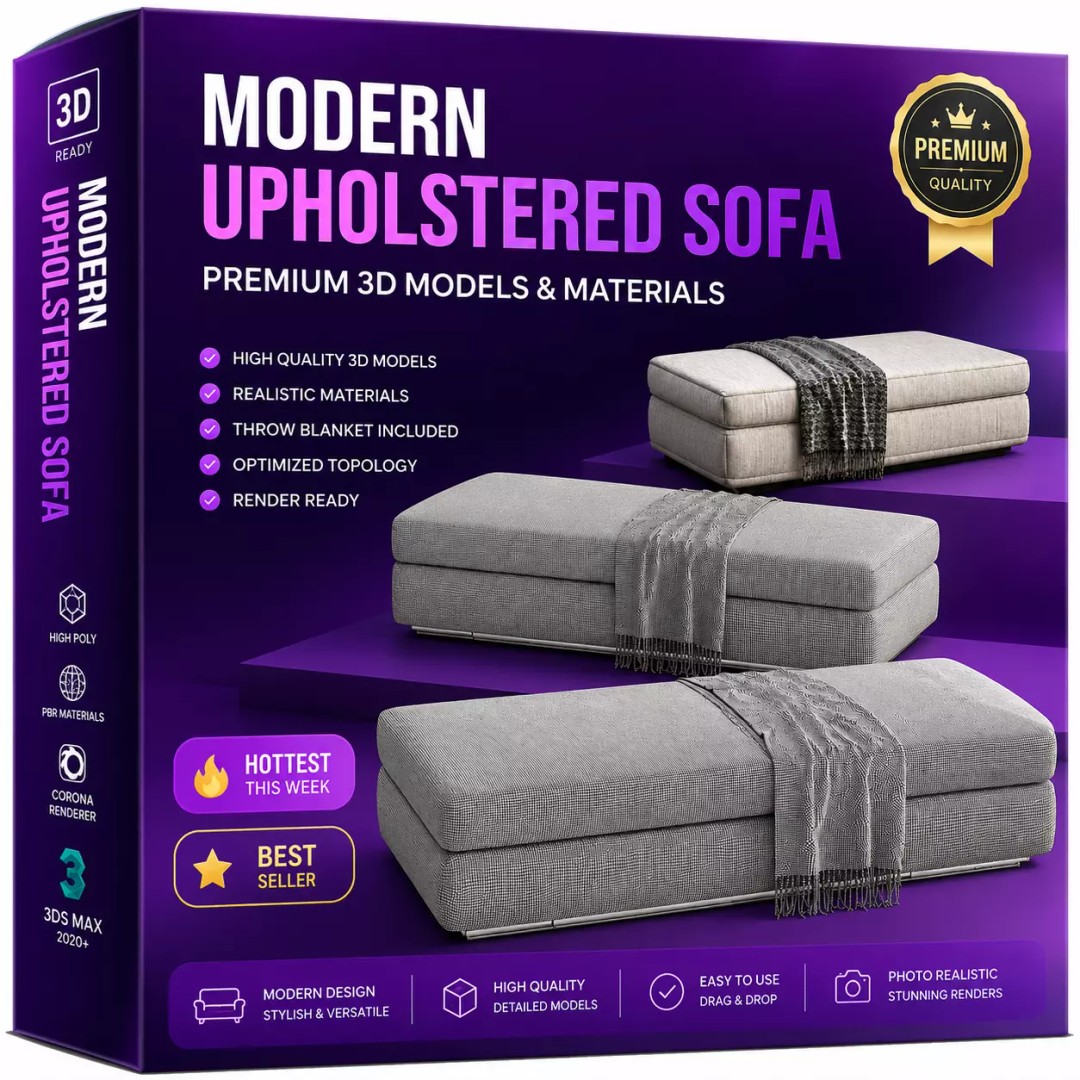 Modern Upholstered Sofa 3D Model – Premium PBR Asset for Archviz - View 2